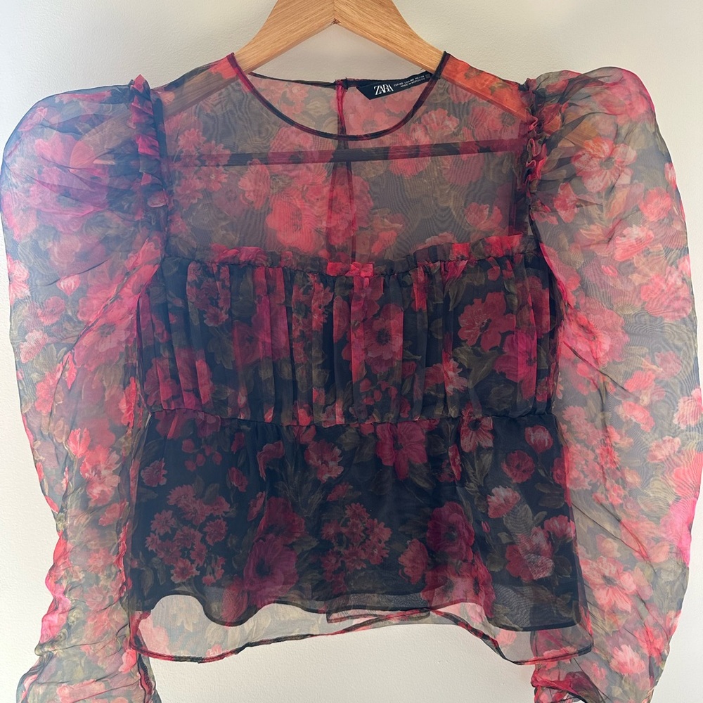 Zara Women's Floral Sheer Top - Red and Black